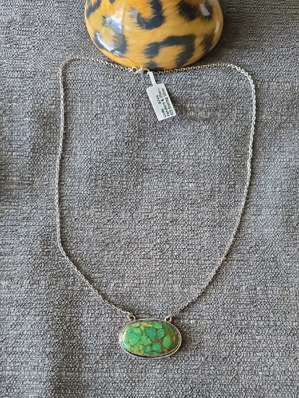 925 Sterling Silver~Green Copper Turquoise Oval Pendant Necklace